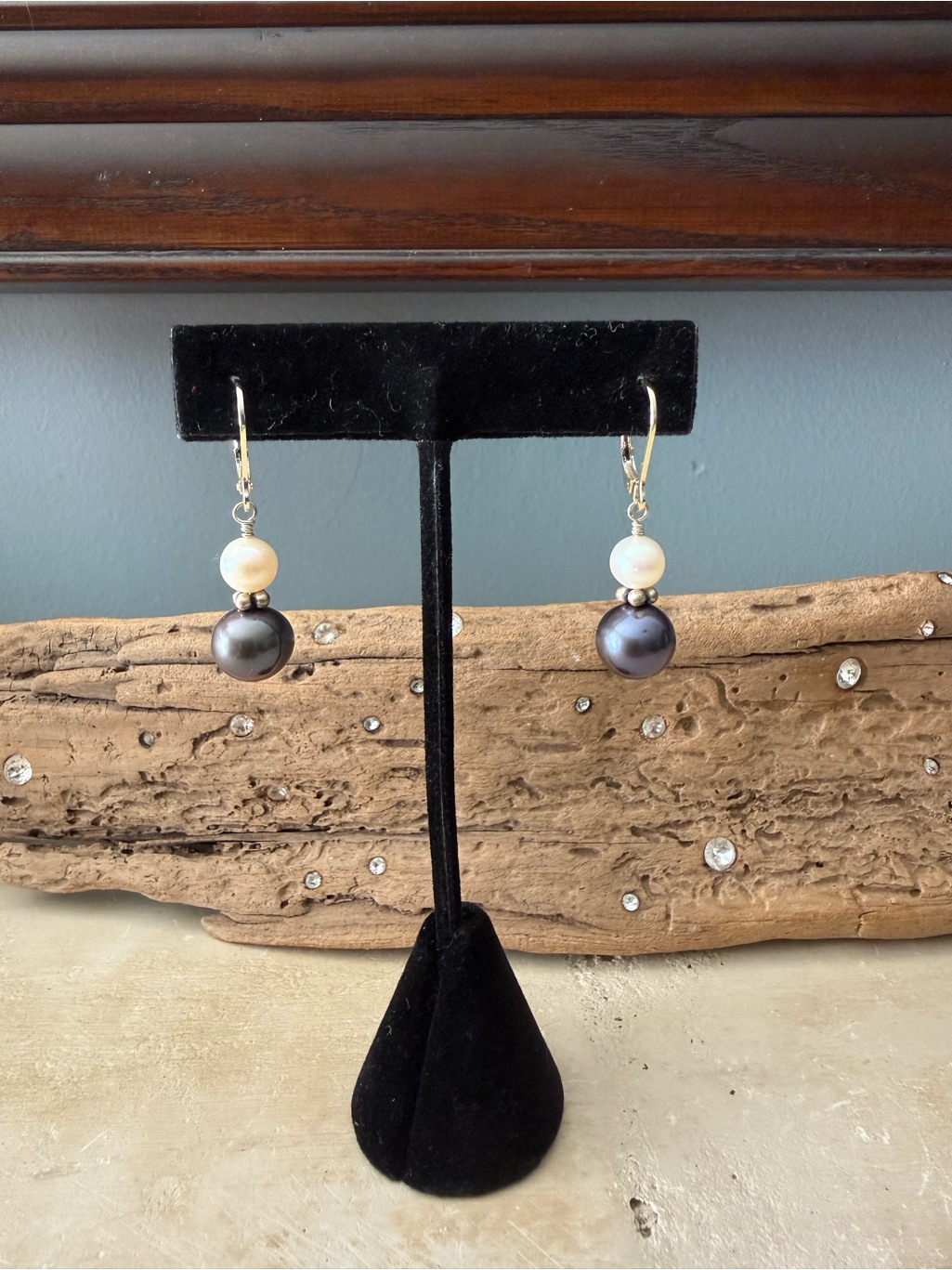 Handcrafted Sterling Silver Pearl Drop Earrings - Black And White Pearls